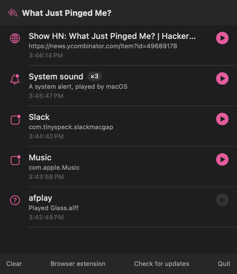 The app listing recent sounds with the app or web page that made each one