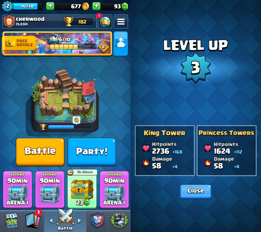 Clash Royale main menu and level-up screen showing outlined text